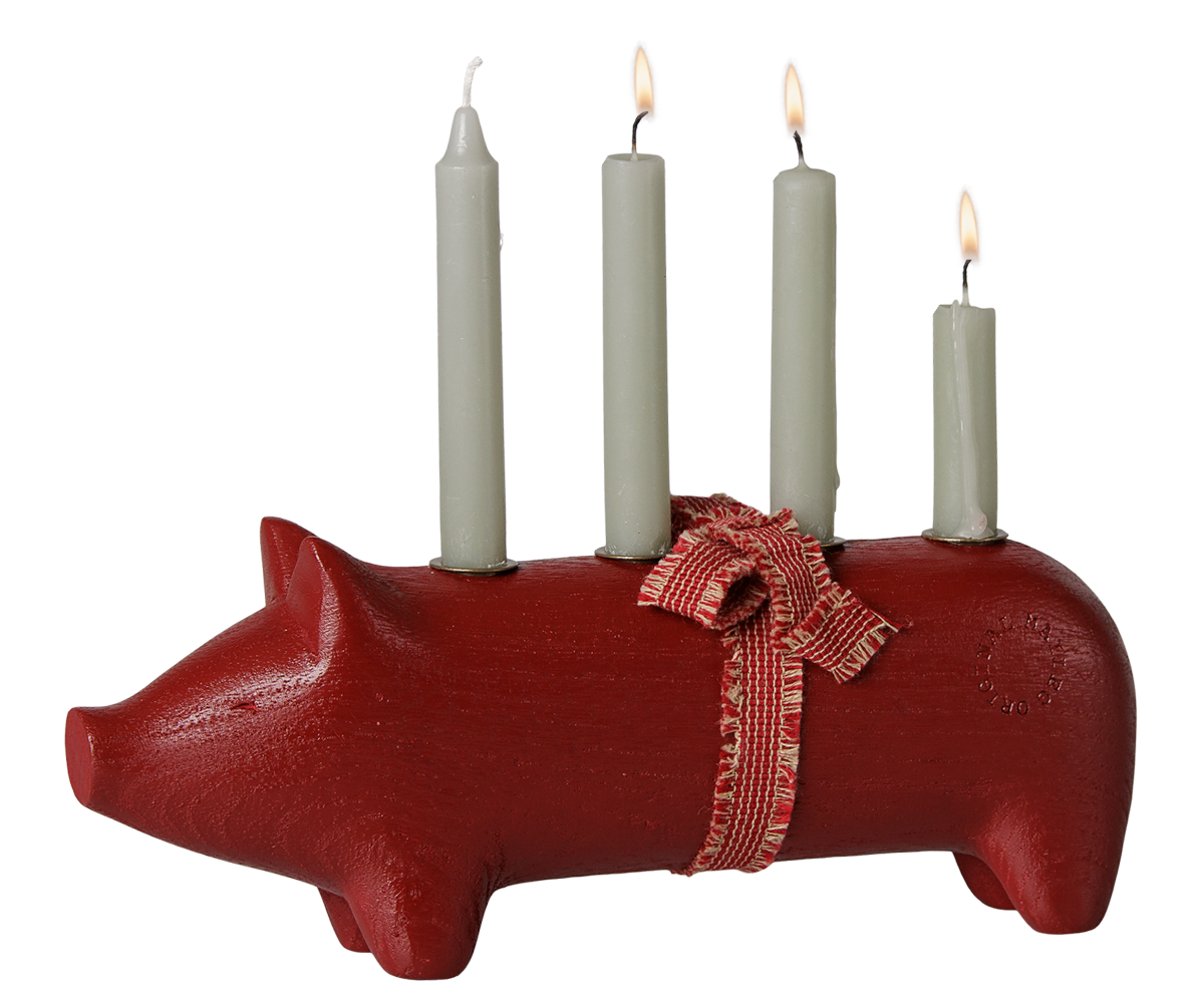 Maileg träljusstake, gris, advent, medium – röd