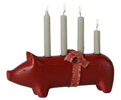 Maileg träljusstake, gris, advent, medium – röd